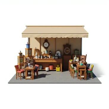 An antique market stall set under a canvas awning, showcasing a variety of vintage clocks in various sizes and styles, some with ornate designs and others with minimalist looks. The stall also features an assortment of wooden furniture pieces, including a small intricately carved table and a set of colorful chairs. Unique collectibles like porcelain figurines, old books, and retro trinkets are scattered throughout the display. The scene is vibrant, with natural light illuminating the rich textures and colors of the antique items.