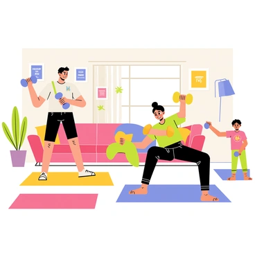 A family working out together in a bright and cheerful living room. The room is filled with colorful exercise mats scattered on the floor. A father is lifting a set of dumbbells with a focused expression, while the mother is performing a yoga pose off to the side. A child beside them is playfully mimicking a concentration curl, holding a small dumbbell and concentrating hard on their form. The atmosphere is lively, with motivational posters hanging on the walls and a few plants adding a touch of greenery.