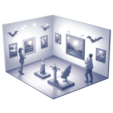An art gallery interior featuring a variety of bat-themed artworks. The walls are adorned with several large paintings depicting bats in various poses and environments. In the center of the room, there are multiple sculptures of bats, some hanging upside down while others are in flight, crafted from different materials. The floor is polished wood, and there are small spotlight fixtures highlighting each piece of art. A few visitors can be seen admiring the artworks, creating an engaging atmosphere in the gallery.