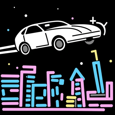 A sleek, futuristic car with a streamlined design is hovering above a cityscape. The car has a smooth metallic surface reflecting the colorful neon lights below. The city is filled with tall buildings, each adorned with vibrant neon signs in shades of blue, pink, and green. The sky is dark, highlighting the brightness of the lights. There are glowing patterns on the streets of the city, creating an energetic and dynamic atmosphere.