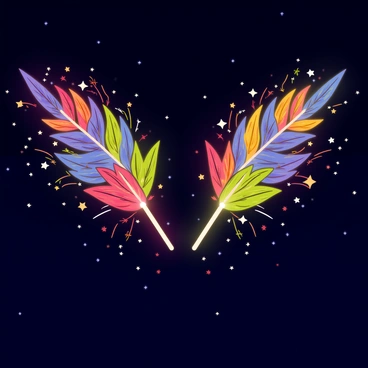 A pair of wings formed from vibrant fireworks, with colorful bursts in shades of red, blue, green, and yellow. The wings are spread wide, creating an impressive display against the dark night sky filled with scattered stars. Each firework explosion forms intricate patterns, resembling feathers, and trails of sparkling light extend from the bursts. The scene captures the energy and brilliance of the fireworks in flight, illuminating the surroundings with their radiant glow.