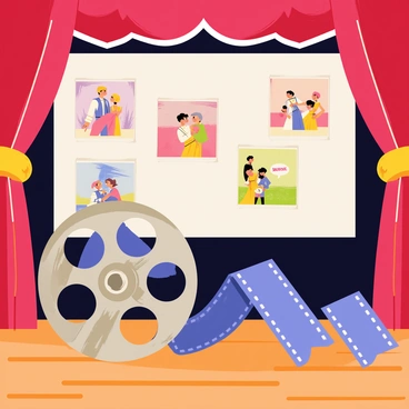 An old film reel unwinding with classic movie scenes projected on a wall in a retro cinema