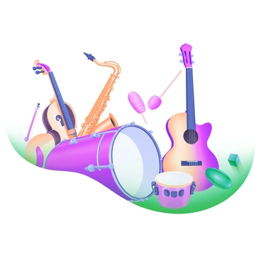 A modern pastel illustration depicting a collection of musical instruments. The image includes a detailed violin with elegantly shaped curves, a sleek saxophone with its distinctive bends, and a classic guitar with a polished finish. Nearby, a set of drums is arranged, featuring a snare drum and cymbals poised for performance. There are also a pair of maracas and a tambourine, adding to the variety. Each instrument is outlined in fine line art, showcasing their unique features and forms, while soft pastel colors fill the background, enhancing the overall composition.