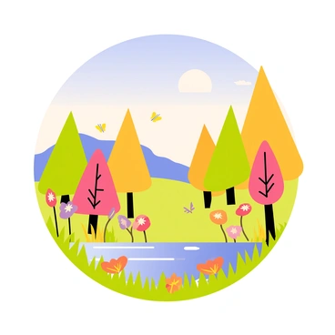 A natural landscape showcasing a vibrant color wheel formed by a variety of trees, flowers, and the sky. The trees display a gradient of colors from deep green to bright yellow, with several flowering plants in shades of red, orange, pink, and purple arranged around the scene. The sky is a brilliant blue, transitioning to soft pastels near the horizon, creating a harmonious backdrop. The ground is lush with verdant grass, and butterflies flutter among the flowers, adding lively details to the setting.