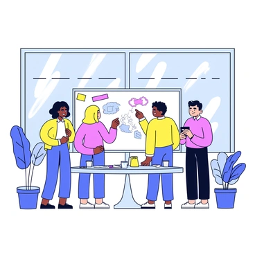 A creative team consisting of four people, two women and two men, is gathered in a brightly lit room. They are standing around a large whiteboard that is filled with colorful markers and sticky notes. One woman is writing survey questions on the whiteboard while the others are pointing and discussing ideas. The room has large windows that allow sunlight to flood in, illuminating the space. There are potted plants in the corners and a round table cluttered with papers and coffee cups nearby.