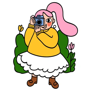 Aesthetic anime girl with large, bright eyes and long, flowing pastel pink hair. She is wearing a cute, oversized yellow sweater and a frilly white skirt. The girl is standing outdoors in a sunny setting, holding a vintage camera up to her face, focusing on capturing the moment. Her expression is filled with excitement and joy as she prepares to take the photograph. In the background, there are softly blurred trees and flowers, enhancing the lively atmosphere.