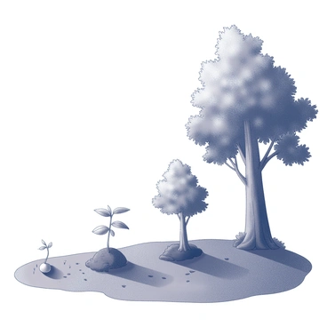A forest scene showcasing the life cycle of a tree. In the foreground, a small seed is nestled in the rich, dark soil, surrounded by tiny sprouting plants. Just above the soil, a young sapling with delicate leaves begins to emerge, stretching upward. Slightly farther back, a medium-sized tree stands with a thicker trunk and more extensive foliage, demonstrating its growth. In the background, a tall, mature tree towers above the others, featuring a robust trunk and a dense canopy of leaves. Sunlight filters through the branches, casting intricate shadows on the forest floor.