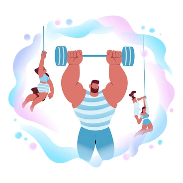 A "retro circus affiche" features a strongman lifting heavy weights above his head. He has a muscular build and is wearing a classic striped outfit. Beside him, a trapeze artist dressed in a colorful costume is soaring gracefully through the air, holding onto a trapeze bar with one hand. The background is filled with vibrant, gradient pastel colors, enhancing the lively atmosphere of the circus scene. Banners and circus elements are arranged around the strongman and trapeze artist, creating a dynamic composition.
