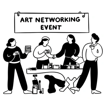 A group of artists standing together at a social event, engaged in conversation. One artist is holding a stack of business cards, while others are extending their hands to exchange cards. There are various art supplies scattered on a nearby table, including paintbrushes and sketchbooks. A large banner in the background displays the words "Art Networking Event." Some artists are wearing berets and scarves, adding to the creative atmosphere. The setting is filled with a sense of collaboration and creativity, as they share ideas and insights with one another.