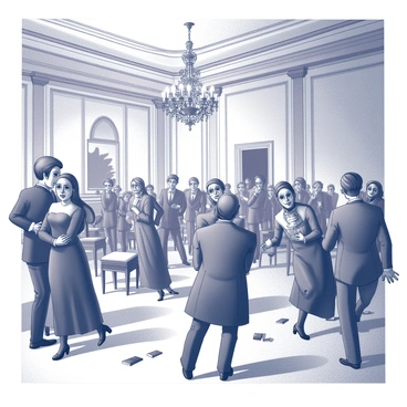 A grand ballroom with an ornate ceiling and chandeliers hanging from above. Guests wearing elegant attire and intricate masks are gathered, their expressions filled with fear and shock. Some guests are turning away, while others are frozen in place, eyes wide. The atmosphere is charged with tension as various elements indicate chaos, such as overturned chairs and scattered items on the floor. In the background, a doorway is visible, with shadows suggesting movement or an unsettling presence. The lighting casts dramatic shadows, enhancing the feeling of panic in the scene.