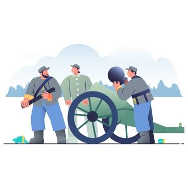 A Confederate artillery crew is positioned around a large cannon on an open field. The crew members are wearing period-appropriate military uniforms, consisting of gray jackets and blue trousers. One soldier is holding a rammer, preparing to pack the cannon with gunpowder and ammunition. Another crew member is lifting a heavy cannonball, while a third soldier stands nearby, ready to assist with the loading process. The background features a distant line of trees under a clear blue sky, and in the foreground, some spent cartridges and tools can be seen scattered on the ground. The atmosphere suggests a sense of urgency as the crew works swiftly, their expressions focused and determined.