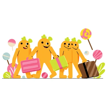 A group of "Oompa Loompas" with orange skin and green hair are standing in a vibrant setting filled with oversized candy. Each Oompa Loompa is carrying "candy-themed luggage" designed to look like various sweets, such as a suitcase shaped like a chocolate bar and a backpack resembling a lollipop. The scene features "brightly colored candies" scattered around, including large gummy bears and peppermint swirls. The Oompa Loompas are smiling as they prepare to embark on their colorful journey, surrounded by a whimsical atmosphere of fun and excitement.