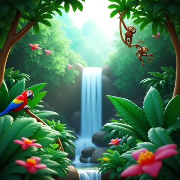 A tropical jungle filled with dense, lush greenery. Large, broad-leaved plants surround the scene, with vibrant, colorful flowers peeking through. A variety of exotic animals can be seen, such as a vibrant parrot perched on a branch and a playful monkey swinging through the trees. A waterfall cascades down rocks in the background, creating a misty atmosphere. Sunlight filters through the canopy, casting dappled light onto the forest floor, highlighting the rich diversity of plant life.