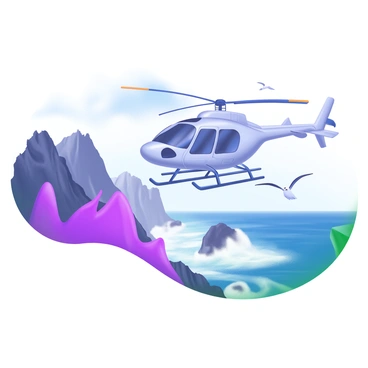 A private helicopter in mid-flight, showcasing its sleek design and shiny exterior. Below the helicopter, a rugged coastline comes into view, characterized by steep cliffs and rocky formations. The ocean waves crash against the rocks, creating white foam as they collide. The sky above is partially cloudy, with hints of blue peeking through. In the distance, a few seagulls can be seen gliding over the water, adding to the dynamic scene.