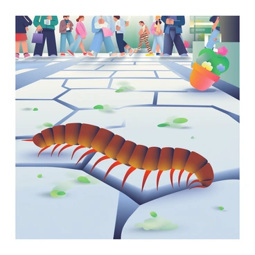 A centipede crawling through cracks in a bustling city sidewalk