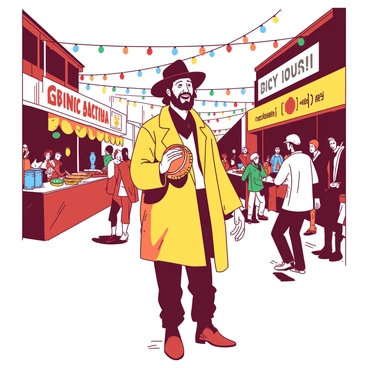 A yellow vagabond wearing a tattered coat is standing in the middle of a bustling street festival. Bright, multicolored lights are strung overhead, illuminating the scene with a vibrant glow. The vagabond has a joyful expression as he holds a small orange tambourine, tapping it to the rhythm of the lively music playing from a nearby band. Various food stalls with colorful banners are visible in the background, while people of diverse backgrounds are dancing and enjoying the festivities around him.