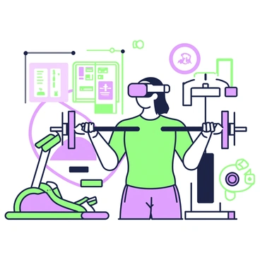 A person is wearing a virtual reality headset while engaged in a workout. They are positioned in front of a simulated gym setup, with a lat pulldown machine prominently displayed. The user is gripping the lat pulldown bar with both hands and is in the middle of the exercise motion, pulling the bar down towards their chest. The individual's clothing consists of a fitted athletic shirt and shorts. Surrounding the user, there are various gym equipment items, including dumbbells and a treadmill, all rendered in a detailed manner. The environment gives the impression of a high-tech fitness space, with virtual graphics enhancing the workout experience.
