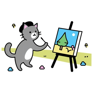 A cat with gray fur, wearing a black beret, is standing on its hind legs in a sunny park. The cat is holding a paintbrush in its paw, actively painting a colorful landscape on a white canvas set on an easel. The canvas features a bright blue sky, green trees, and vibrant flowers. The background shows a grassy area scattered with small bushes and dappled sunlight filtering through the leaves. There are a few butterflies fluttering around, adding to the lively atmosphere of the scene.