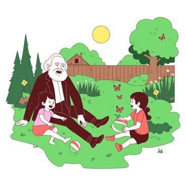 A duotone illustration features "Karl Marx" sitting on the grass in a green garden, surrounded by his children. One child is "laughing" as they play with a colorful ball, while another child is "picking flowers" nearby. The garden is filled with various types of plants and trees, with butterflies fluttering around. The sun casts a warm light on the scene, enhancing the cheerful atmosphere. The backdrop includes a wooden fence and a small treehouse in the distance.