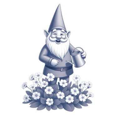 A garden gnome standing upright with a joyful expression on its face. The gnome wears a pointed hat and has a bushy beard. It is surrounded by a dense bed of primroses, which are blooming abundantly around its feet. The flowers have broad green leaves and delicate petals. The gnome holds a small watering can in one hand, as if tending to the plants, creating a sense of liveliness in the garden.