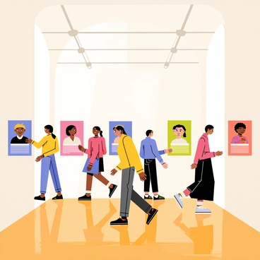 A museum exhibition featuring "historic portraits of gender equality pioneers" displayed on the walls. Each portrait showcases a different pioneer with a varied color palette and distinct backgrounds that represent their contributions. The lighting in the museum is bright and focused on the portraits, emphasizing their details and expressions. People of diverse backgrounds are walking through the exhibit, stopping to admire the portraits and read accompanying informational plaques. The floor is polished wood, and the ceiling features tall arches, creating an expansive atmosphere.