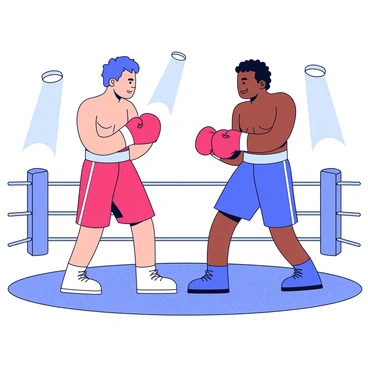 Two boxers are standing in a boxing ring, facing each other with determined expressions. Each boxer is wearing traditional boxing gloves and shorts in contrasting colors: one in red and the other in blue. The ring is surrounded by a set of ropes, and the floor has a textured surface. Bright arena lights shine down from above, casting sharp shadows on the boxers. In the background, there are outlines of spectators, creating a sense of being in a lively arena.