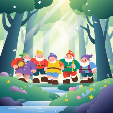 A group of seven friendly dwarfs is walking through a dense, magical forest filled with tall, twisting trees. Each dwarf has a distinct appearance; they are wearing colorful tunics and hats in shades of red, blue, green, yellow, and purple. The dwarfs are smiling and chatting with each other, some holding small tools like pickaxes and lanterns. Sunlight filters through the leaves, creating dappled patterns on the forest floor, which is covered in lush green moss and colorful wildflowers. In the background, there are sparkling streams and whimsical creatures peeking out from behind the bushes, adding to the enchanting atmosphere of their adventure.