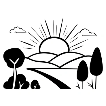 The sun rising above a peaceful landscape, casting rays of light across rolling hills. Silhouettes of trees stand in the foreground, their branches gently swaying in the breeze. A calm river reflects the light, winding its way through the scene. The words "A New Beginning" are displayed prominently in the sky, accompanied by soft clouds drifting by.