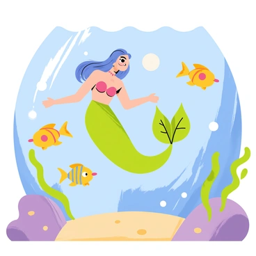 A friendly mermaid with long flowing hair and a shimmering green tail is swimming gracefully in a crystal-clear lagoon. The water sparkles with sunlight filtering through the surface. She is surrounded by a group of cheerful, colorful fish, each with unique patterns and bright hues. The lush underwater plants sway gently in the water, adding a vibrant backdrop to the scene. The lagoon is framed by rocky edges and patches of soft sand, completing the lively underwater atmosphere.