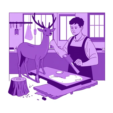 A purple sculptor is focused on carving a lifelike roe deer sculpture out of brown wood in a bright workshop. The sculptor is using a sharp chisel and hammer, with wood shavings scattered around on the floor. In the background, there are various tools hanging on the walls, including saws and chisels, and a window letting in natural light. The roe deer sculpture, partially finished, stands on a wooden workbench, showcasing its delicate features and intricate details. A small tree stump is positioned next to the sculptor, adding to the workshop atmosphere.