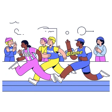 A relay race scene with multiple runners in action. Each runner wears a distinct colored uniform, representing their teams. The runner in the foreground is reaching out to pass the baton, which is labeled "Blame" in bold letters. The next runner is extending their hand to receive the baton, displaying a focused expression. The track is marked with lane lines, and spectators can be seen in the background cheering. The sky is clear, and the sun casts shadows on the track.