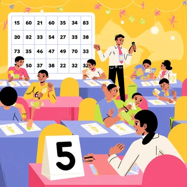 A bingo hall filled with bright lights and colorful decorations. Several tables are occupied by enthusiastic players. Each player is focused, eagerly marking their cards with colorful daubers. Some players are smiling and chatting excitedly, while others are concentrating intently on their cards. In the foreground, a large display board shows the numbers that have been called, and a bingo caller stands beside it, holding a microphone. The atmosphere is vibrant and lively, capturing the excitement of the game.