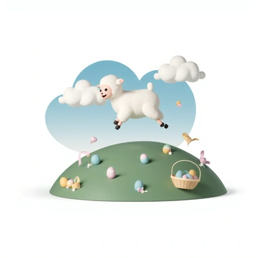 A playful lamb, covered in fluffy white wool, is joyfully bouncing around on a lush green grassy hill. The lamb's ears are perked up, and its small legs are mid-leap, showcasing its energy and playfulness. Scattered across the hill are colorful Easter decorations, including brightly painted eggs in various colors, a few pastel-colored ribbons fluttering in the gentle breeze, and a small wicker basket filled with more decorated eggs. The blue sky above is dotted with fluffy white clouds, adding to the cheerful atmosphere of the scene.