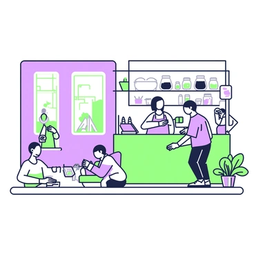 An illustration board is divided in half, with one section depicting a coffee shop. The coffee shop is filled with patrons sitting at tables, some working on laptops while others are engaged in conversation. There is a barista behind a counter, preparing drinks and serving customers. On a shelf behind the barista, various jars filled with coffee beans are visible. The walls of the coffee shop are decorated with framed artwork and potted plants. A large window lets in natural light, showcasing the outdoor scene where people walk by.