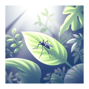 A mosquito is perched on a "bright green tropical leaf" in the rainforest. The leaf has a textured surface with visible veins and a slight curve. Surrounding the leaf are other lush tropical plants, creating a dense and vibrant environment. The mosquito is detailed, with thin legs and delicate wings, resting quietly amidst the foliage. Sunlight filters through the canopy above, casting dappled shadows on the leaf.