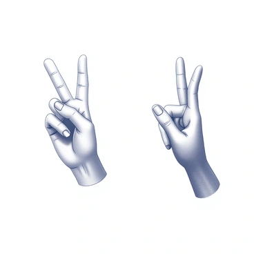 Two hands are positioned in front of a neutral background. The left hand is raised, fingers splayed outward, while the right hand is gently cupped, with three fingers extended to create a connection with the left hand. The space between the hands suggests a sense of unity and communication. Each finger is depicted in detail, showcasing the curves and contours of the hands. Subtle shadows add depth to the hands, emphasizing their movement and the gesture of peace being conveyed.