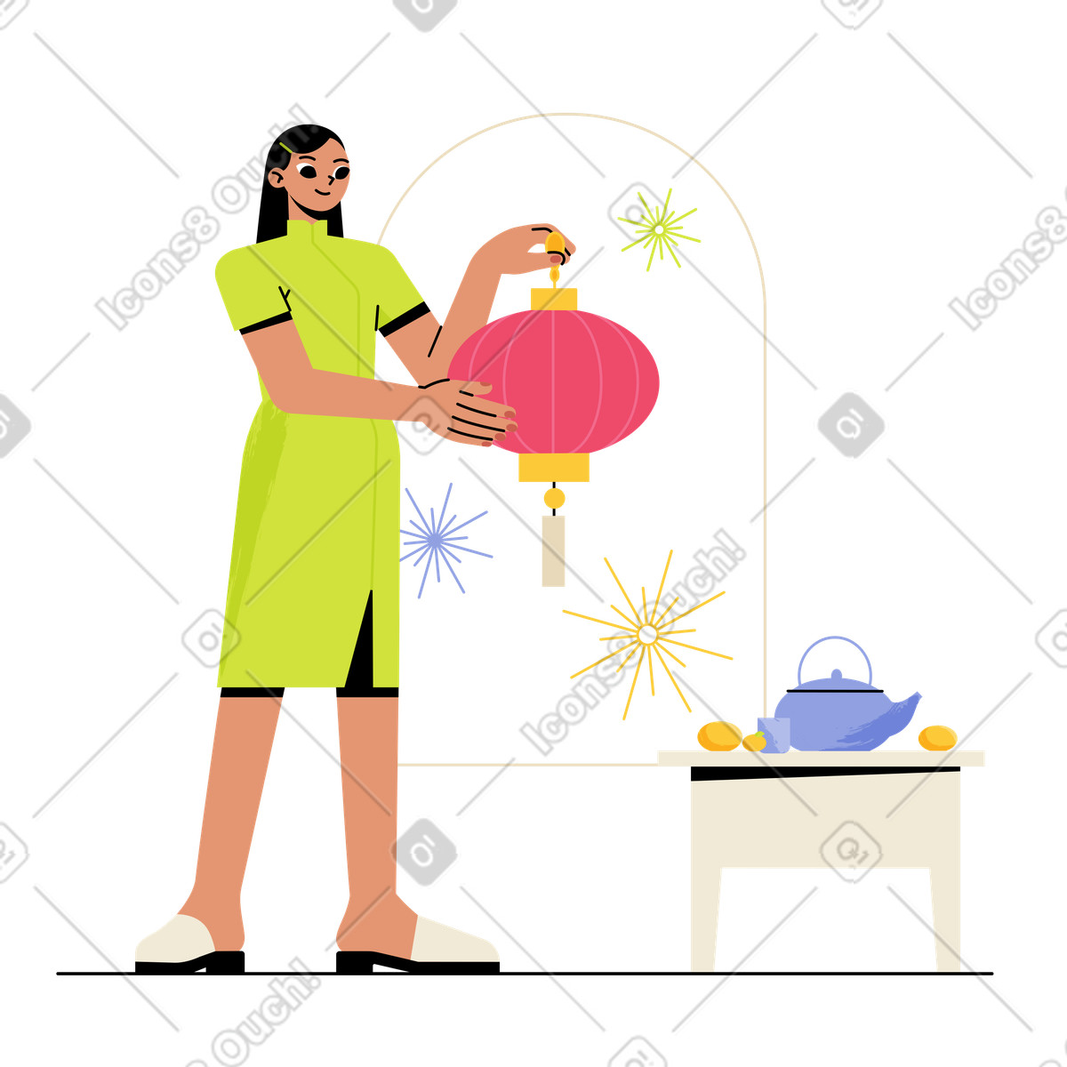 Holiday preparation with Chinese lantern, Lunar New Year celebration illustration in Juicy style download in PNG, SVG