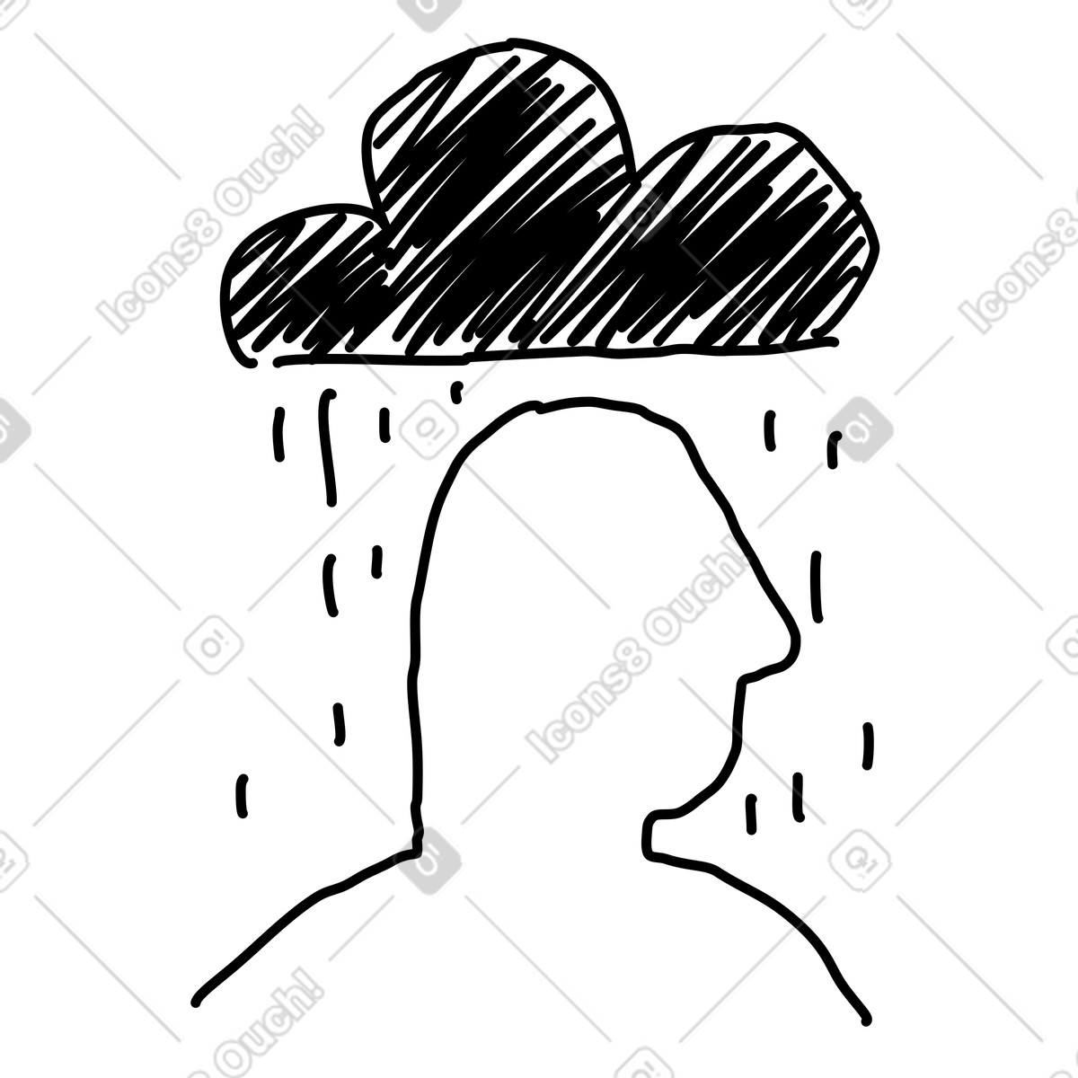 Rough Sketch 스타일의 Anxiety silhouette under dark rain cloud symbolizing overwhelming stress 일러스트레이션 PNG, SVG 다운로드