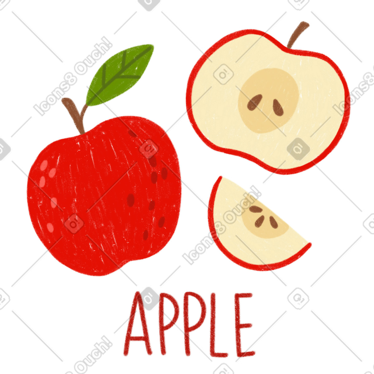 Ilustración Manzana roja con hoja, media manzana, una rodaja de y letras en estilo Cozy a descargar en PNG SVG