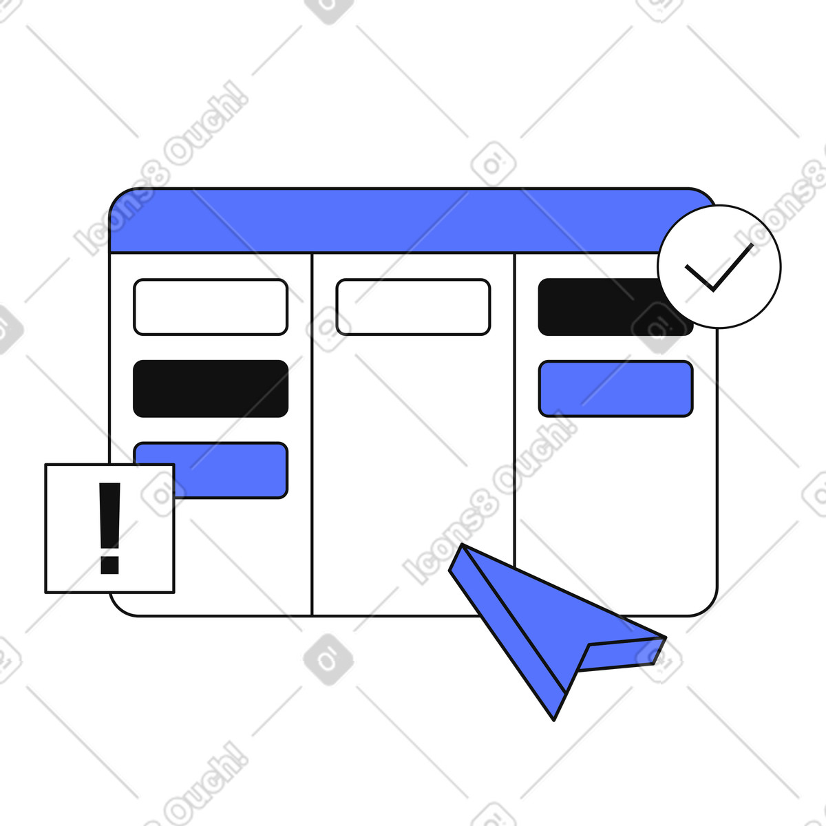 Illustration Kanban board workflow with notification icons for task management productivity dans le style Main à télécharger aux formats PNG, SVG