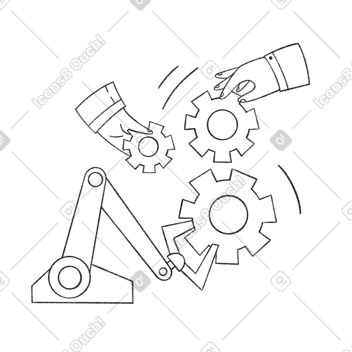 Bonbon Line スタイルの Robotic arm and human hands connecting gears, Automation in business workflow のイラストをPNG、SVG形式でダウンロード