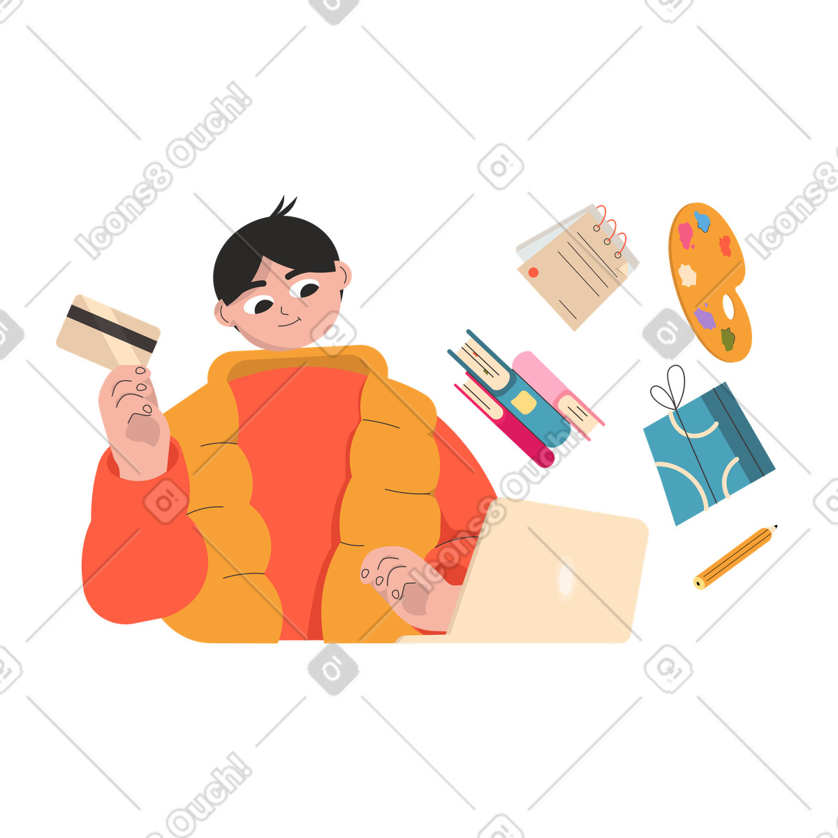 Ilustración Hombre comprando en línea desde una computadora portátil estilo Dizzy a descargar PNG y SVG