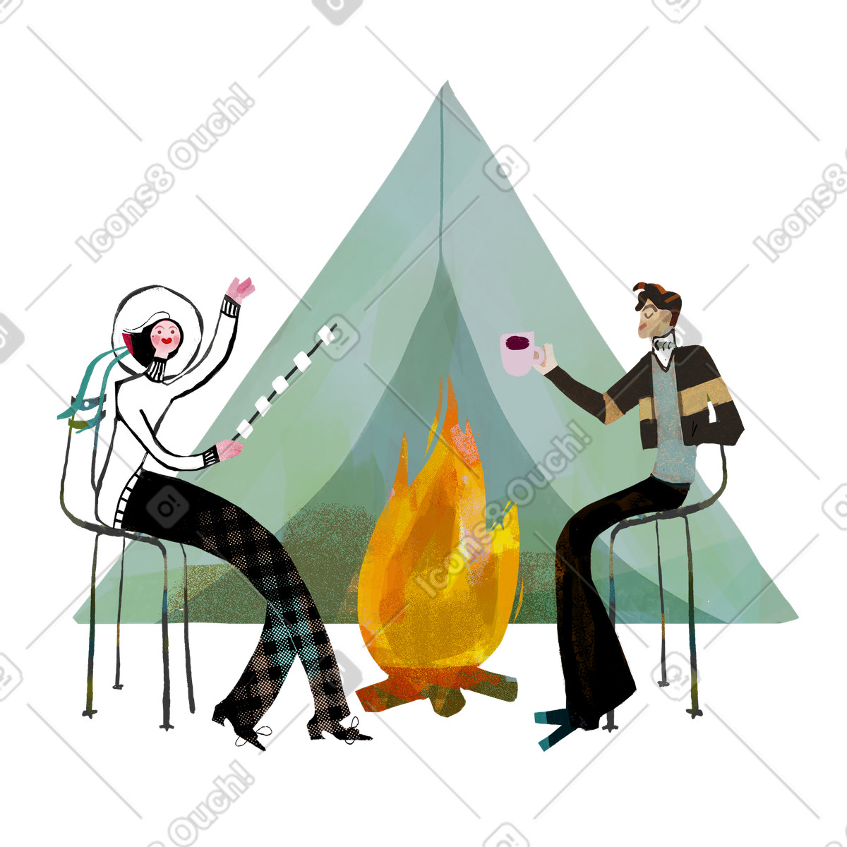 Man and woman at camping with tent roasting marshmellow illustration in PNG, SVG