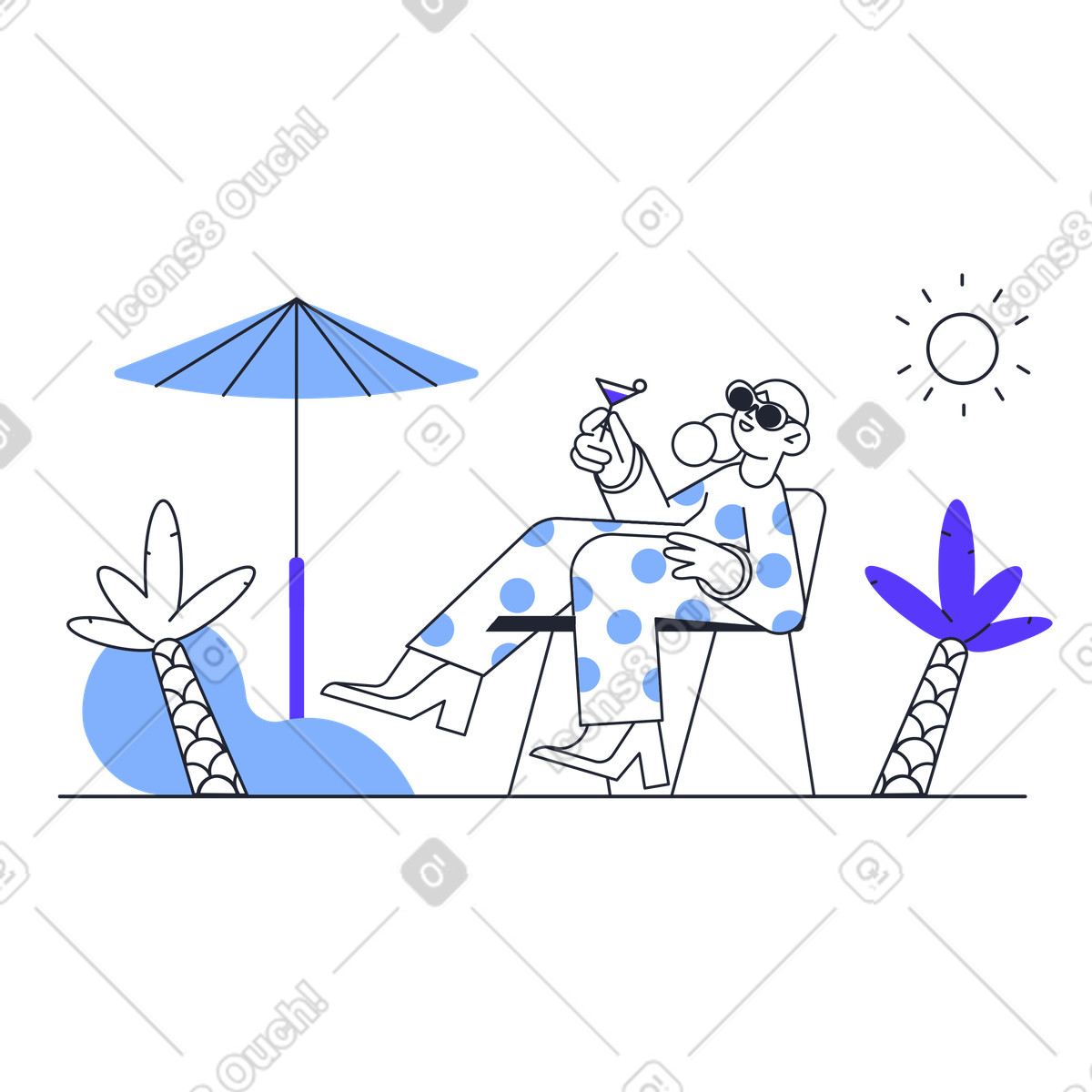 Donna che si rilassa con un drink in vacanza illustrazione stile Pablita scarica PNG, SVG