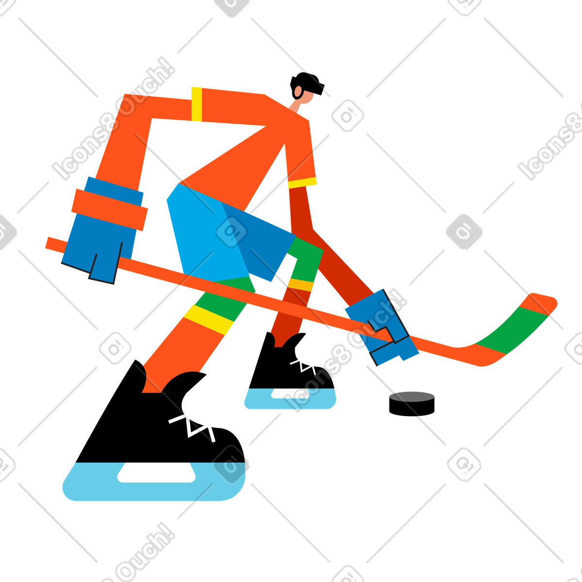 Illustration animée Athlète avec rondelle et bâton de hockey dans le style Warp à télécharger aux formats GIF, Lottie (JSON), AE