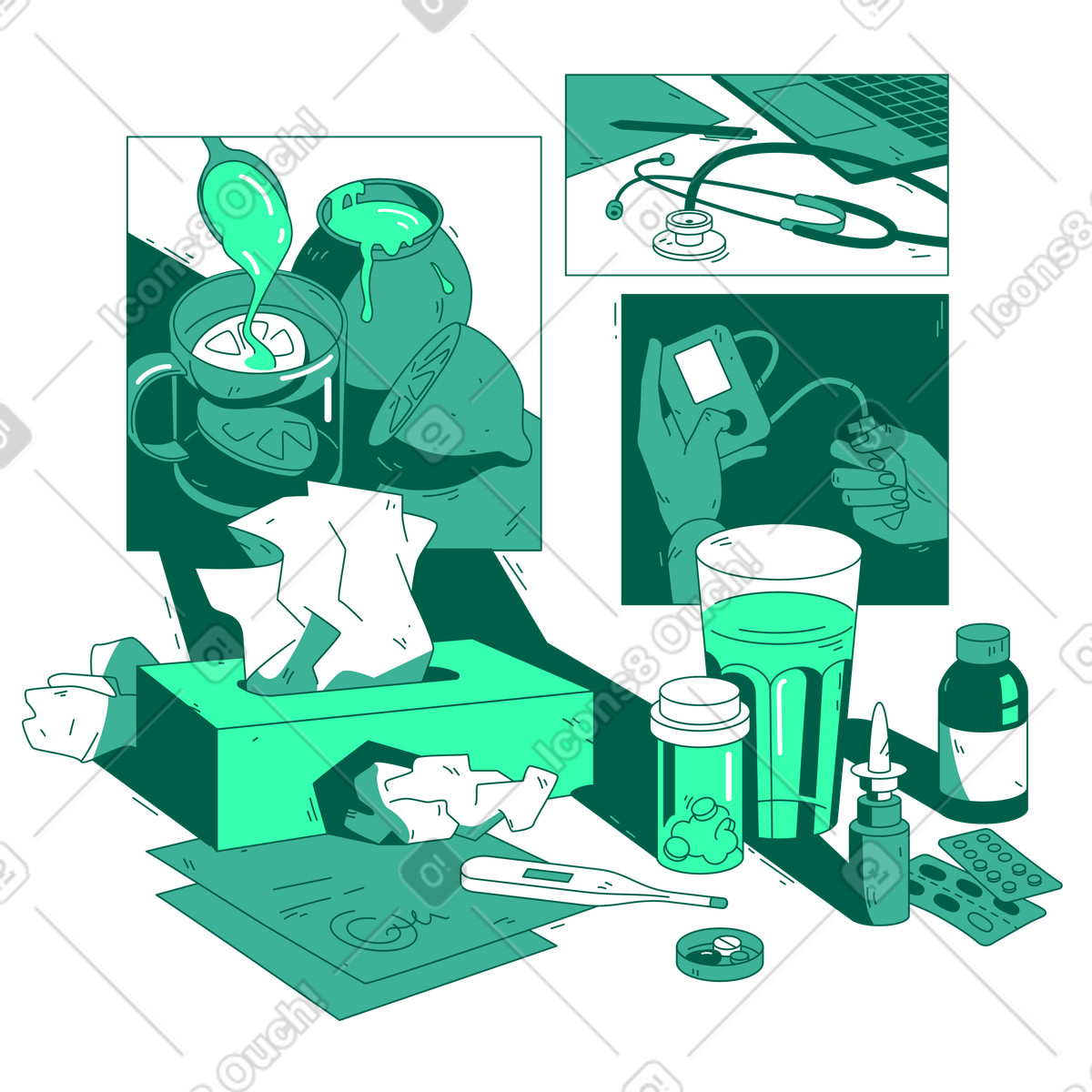 Treatment, medical equipment and prescription medication animated illustration in Storyline style download in GIF, Lottie (JSON), AE
