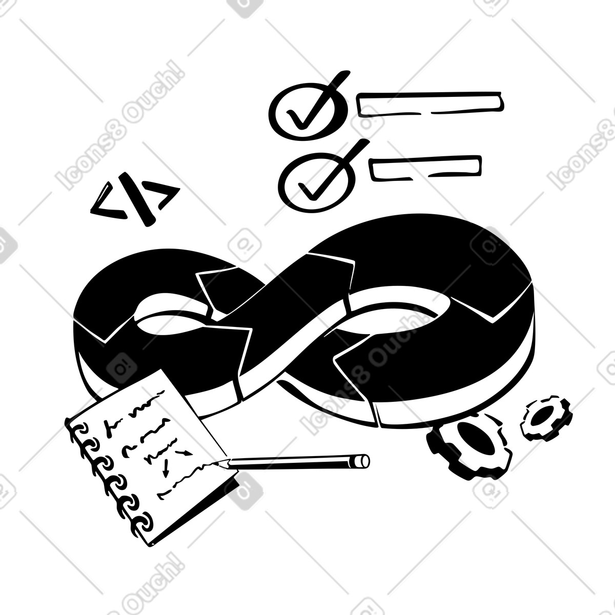 Infinity symbol with code and gears, Software development and deployment pipeline illustration in PNG, SVG