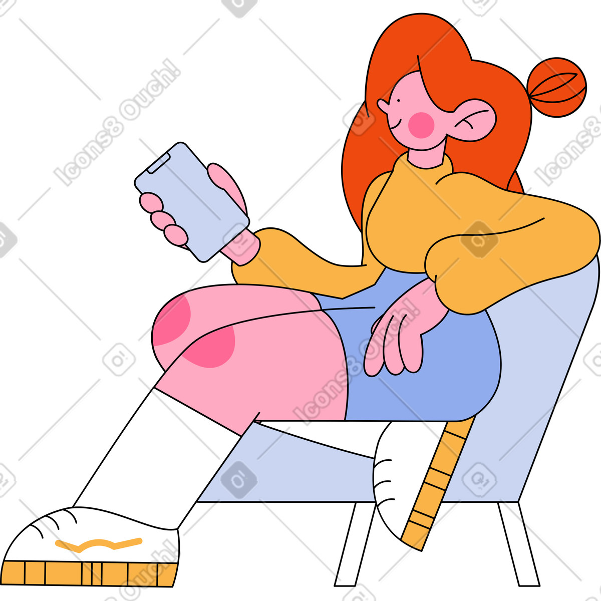 Girl texting on phone while resting animated illustration in Bloom style download in GIF, Lottie (JSON), AE