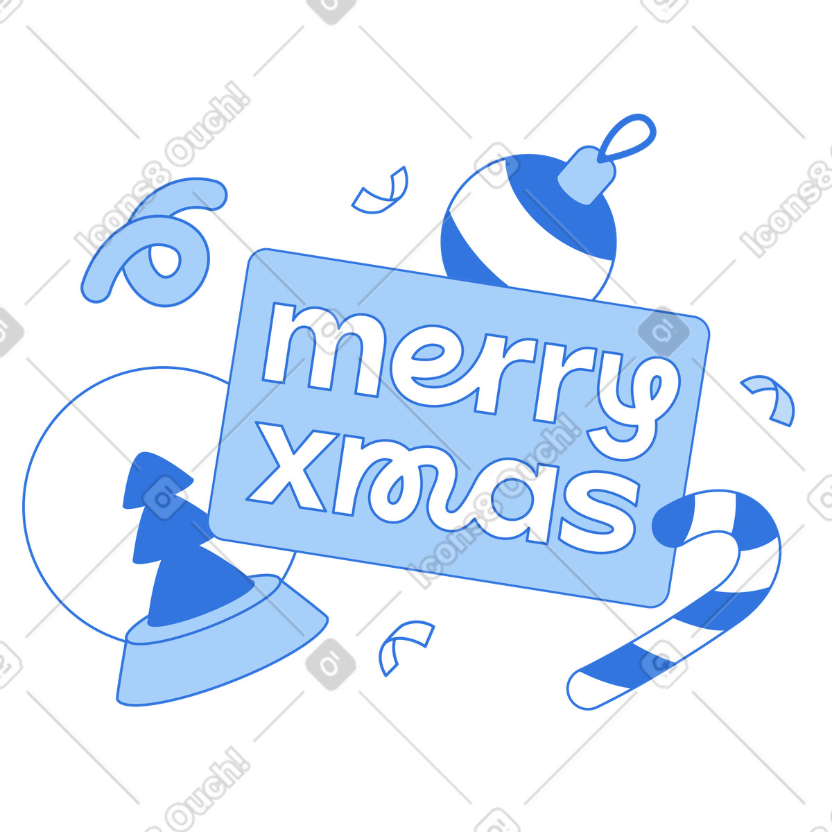 Lettering Merry Xmas with christmas snowball and bauble animated illustration in Sky style download in GIF, Lottie (JSON), AE