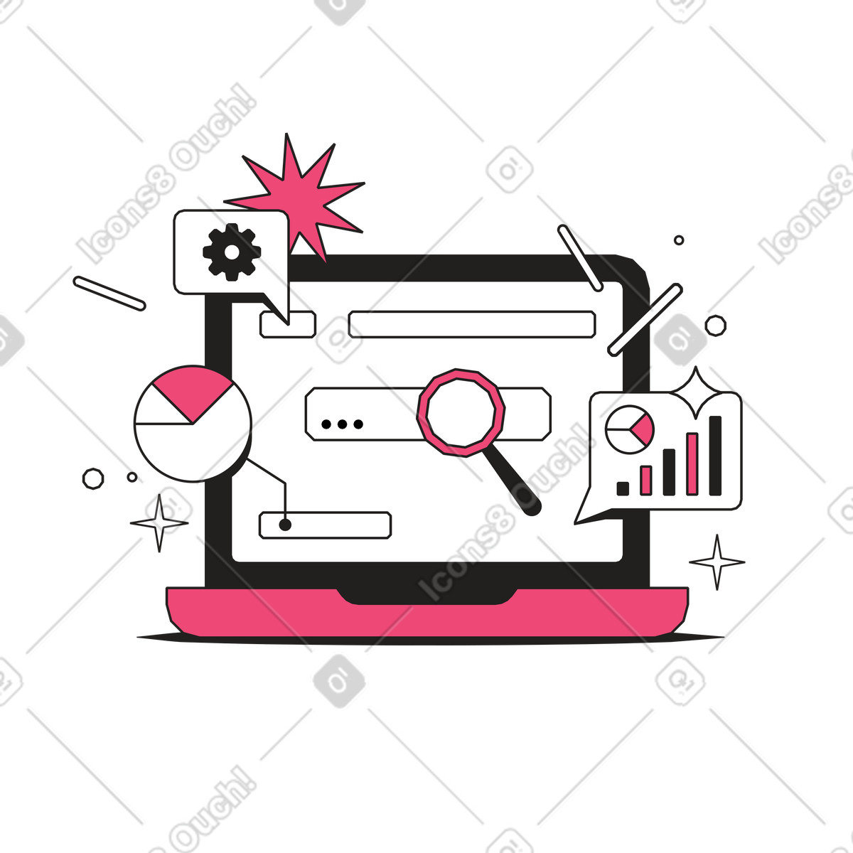 Laptop screen with search bar and analytics, Website performance SEO improvement animated illustration in Dazzle Line style download in GIF, Lottie (JSON), AE
